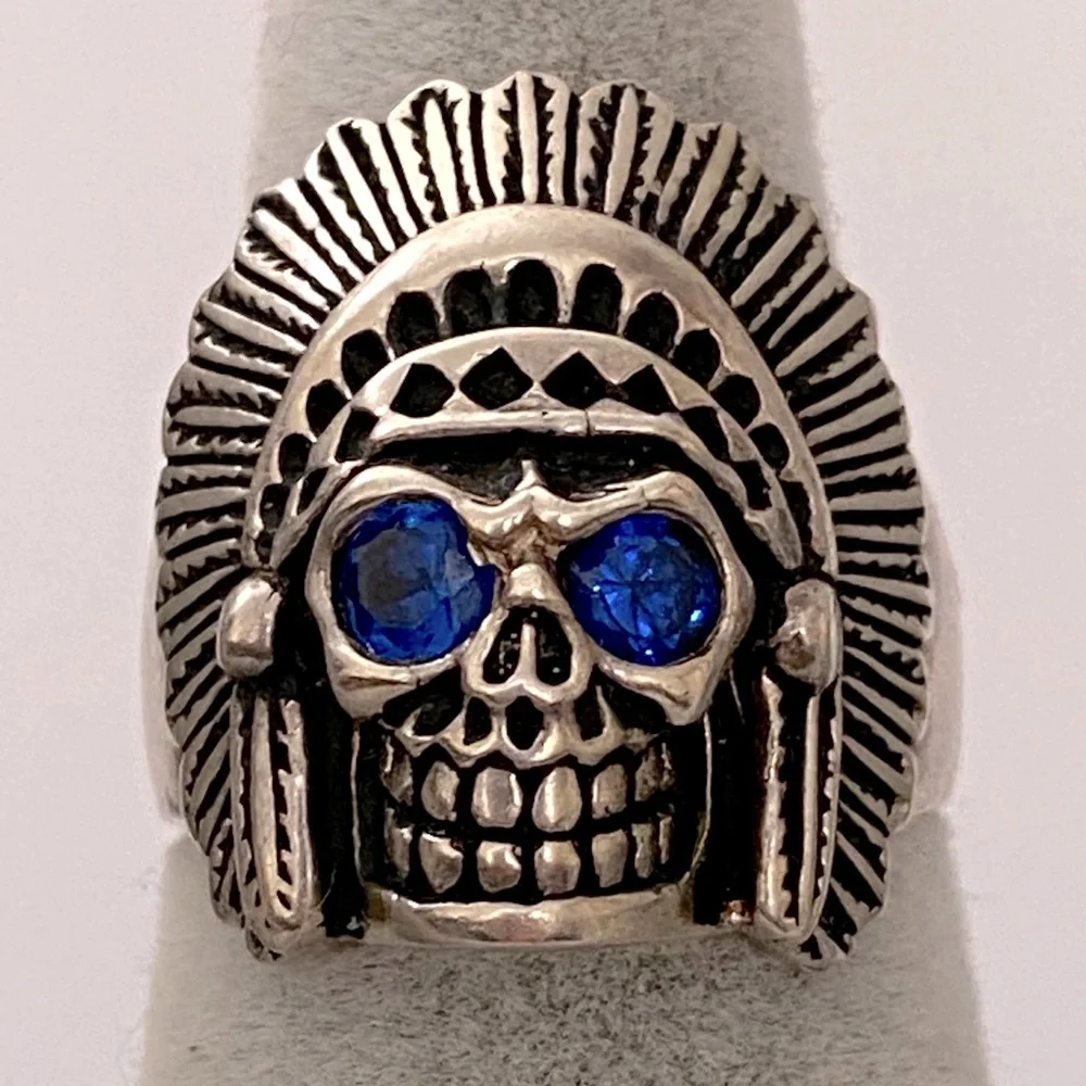 💀 925 silver biker chief skull ring sapphire blue cubic zirconia cz stones eyes